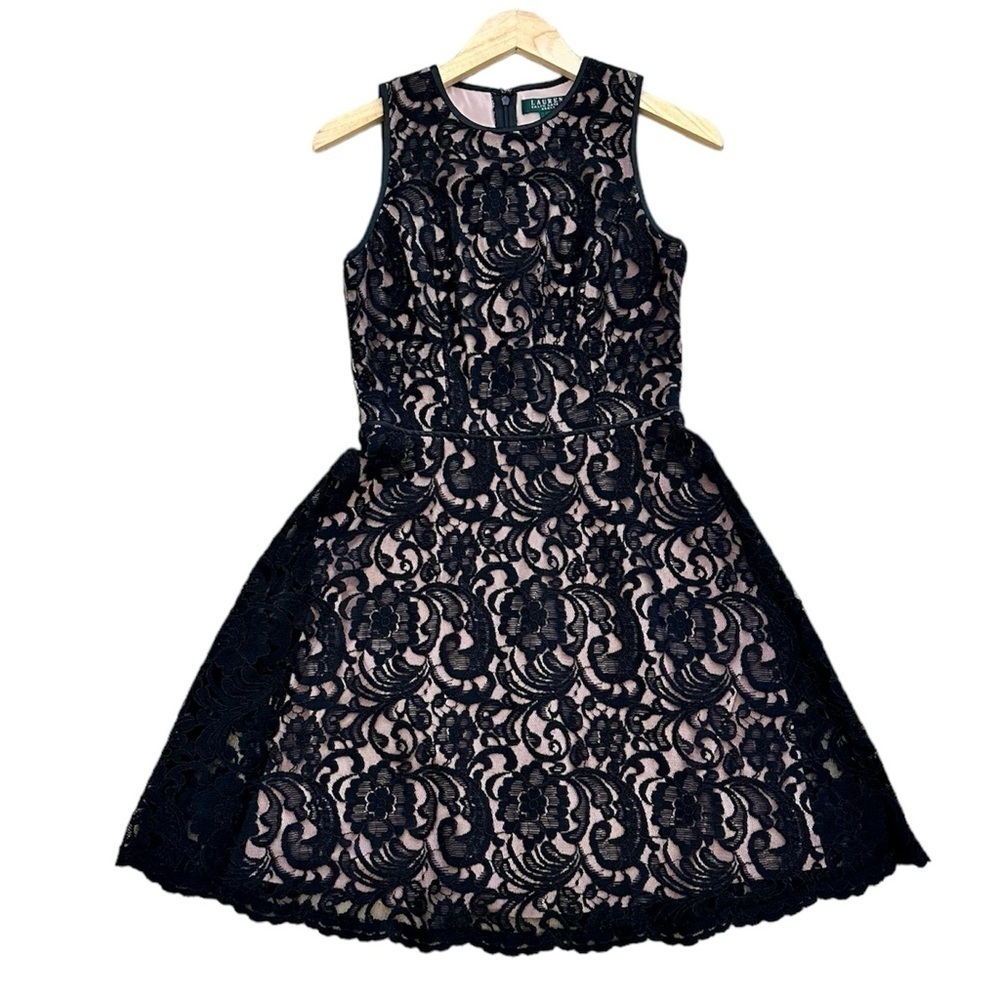 Ralph Lauren Black Lace Pink Lined Cocktail Dress with Satin Seams Size 4